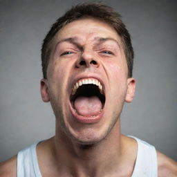 A highly-emotive portrait of a human being shouting out loud and opening their eyes wide, expressing a potent mix of determination and desperation.