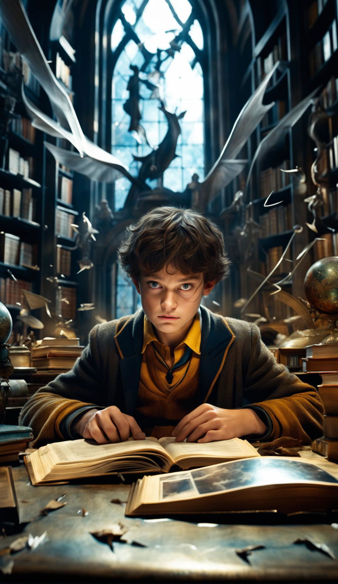 Ultra HD image of a 12-year-old brunette Hufflepuff boy in the Hogwarts castle library, looking down at his astrology homework in confusion, with invisible Wrackspurts causing confusion, in the style of 'Fantastic Beasts and Where to Find Them'.