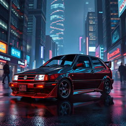 A Volkswagen Vento MK3 from 1994, featuring a custom body kit, parked in a vibrant cyberpunk city at night