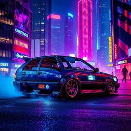 A Volkswagen Vento MK3 from 1994, featuring a custom body kit, parked in a vibrant cyberpunk city at night