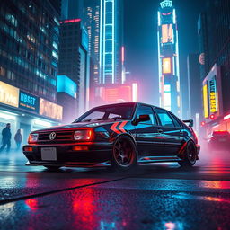 A Volkswagen Vento MK3 from 1994, featuring a custom body kit, parked in a vibrant cyberpunk city at night