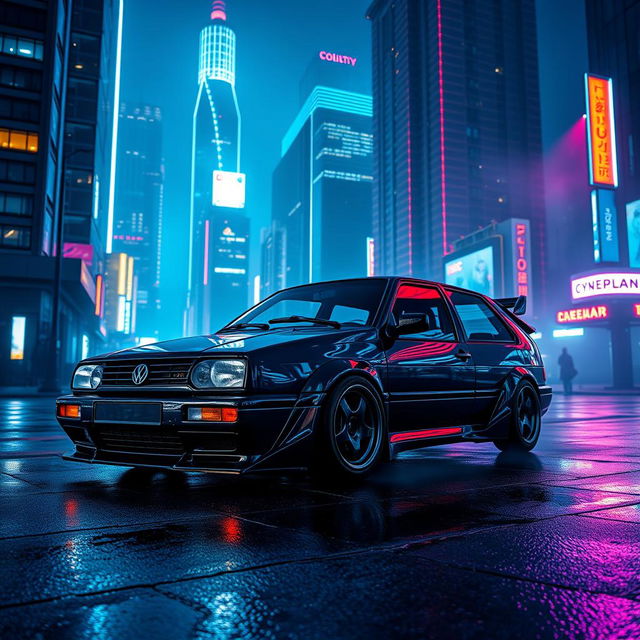 A Volkswagen Vento MK3 from 1994, featuring a custom body kit, parked in a vibrant cyberpunk city at night