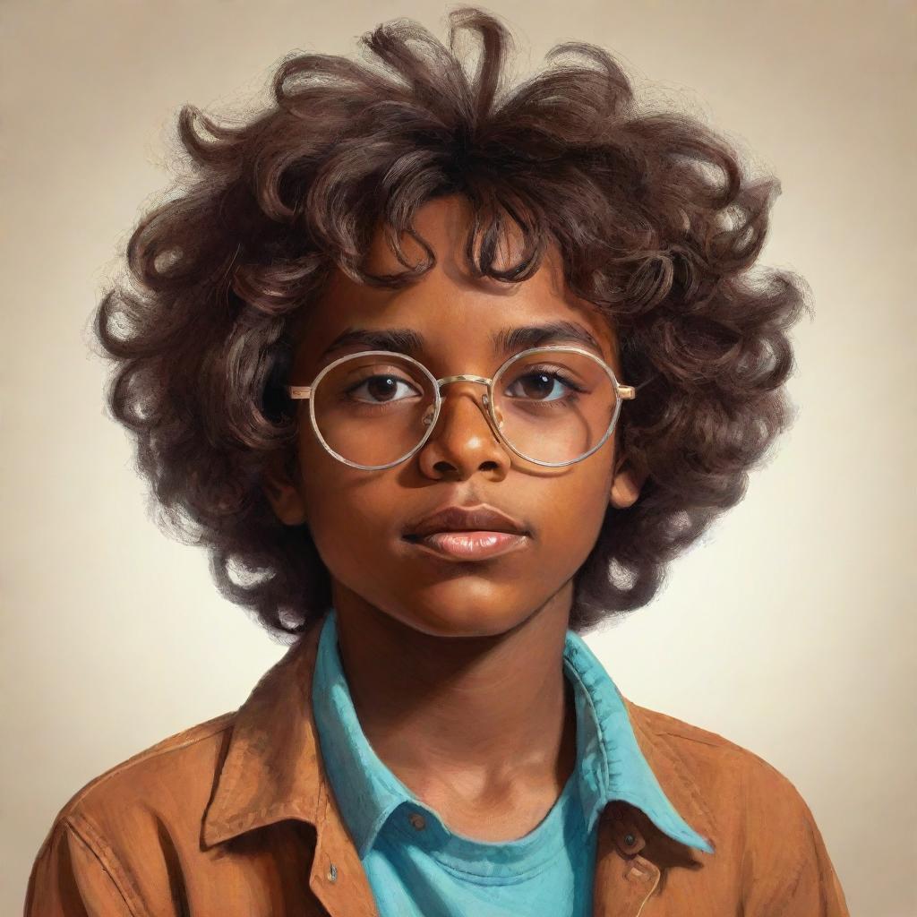 A brown-skinned boy from the 70s with messy hair and glasses, drawn in a stylized vintage aesthetic. He has vibrant brown eyes full of life and curiosity.