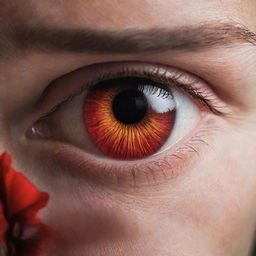 An intense image of a human opening their eyes wide to reveal captivating, fiery red irises, a symbol of extreme emotion or power.