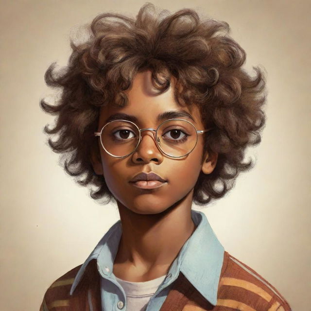 A brown-skinned boy from the 70s with messy hair and glasses, drawn in a stylized vintage aesthetic. He has vibrant brown eyes full of life and curiosity.