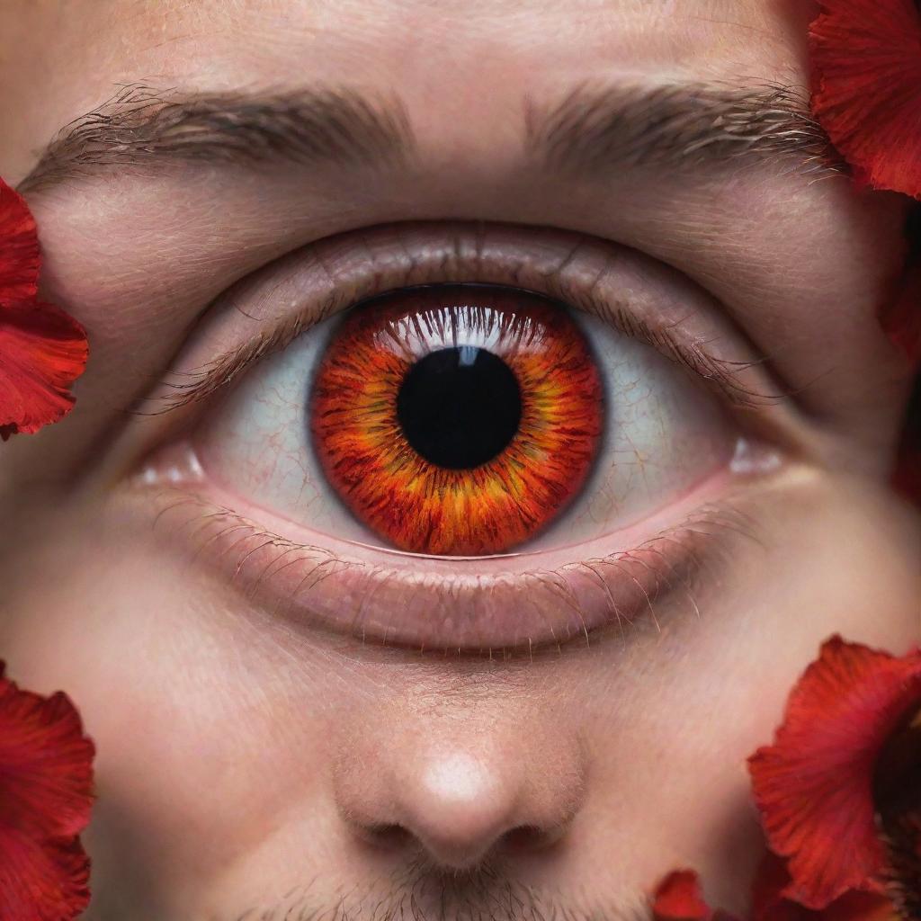 An intense image of a human opening their eyes wide to reveal captivating, fiery red irises, a symbol of extreme emotion or power.