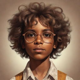 A brown-skinned boy from the 70s with messy hair and glasses, drawn in a stylized vintage aesthetic. He has vibrant brown eyes full of life and curiosity.