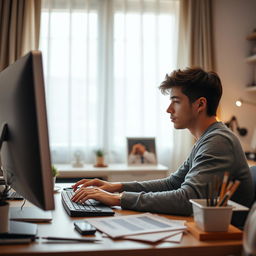 An adolescent man sitting at his organized desk in a modern bedroom office setting, focusing intently on his work