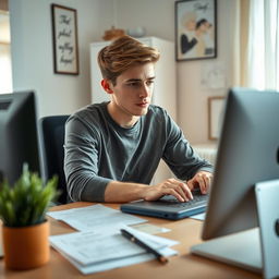 An adolescent man sitting at his organized desk in a modern bedroom office setting, focusing intently on his work