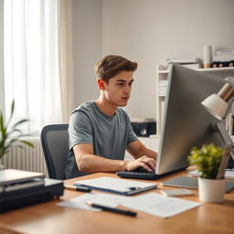 An adolescent man sitting at his organized desk in a modern bedroom office setting, focusing intently on his work