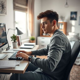 An adolescent man sitting at his organized desk in a modern bedroom office setting, focusing intently on his work