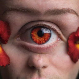 An intense image of a human opening their eyes wide to reveal captivating, fiery red irises, a symbol of extreme emotion or power.