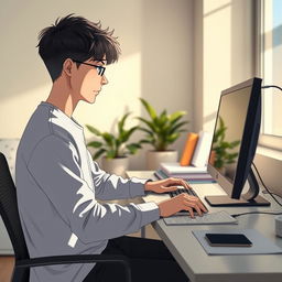 An adolescent man sitting at his desk in a modern bedroom office, diligently working on a computer