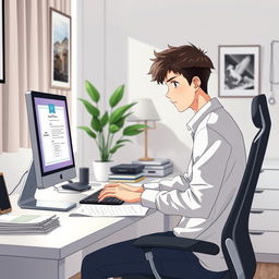 An adolescent man sitting at his desk in a modern bedroom office, diligently working on a computer