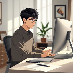 An adolescent man sitting at his desk in a modern bedroom office, diligently working on a computer