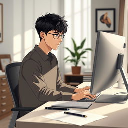 An adolescent man sitting at his desk in a modern bedroom office, diligently working on a computer