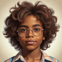 A brown-skinned boy from the 70s with messy hair and glasses, drawn in a stylized vintage aesthetic. He has vibrant brown eyes full of life and curiosity.