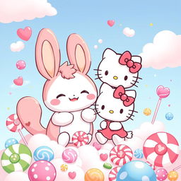 A cute and whimsical illustration of Cinnamoroll and Hello Kitty sharing a joyful moment in a colorful candy-themed world