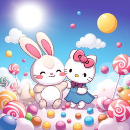 A cute and whimsical illustration of Cinnamoroll and Hello Kitty sharing a joyful moment in a colorful candy-themed world