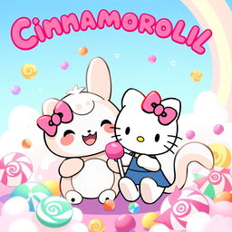 A cute and whimsical illustration of Cinnamoroll and Hello Kitty sharing a joyful moment in a colorful candy-themed world