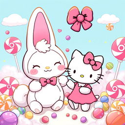 A cute and whimsical illustration of Cinnamoroll and Hello Kitty sharing a joyful moment in a colorful candy-themed world