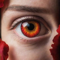 An intense image of a human opening their eyes wide to reveal captivating, fiery red irises, a symbol of extreme emotion or power.