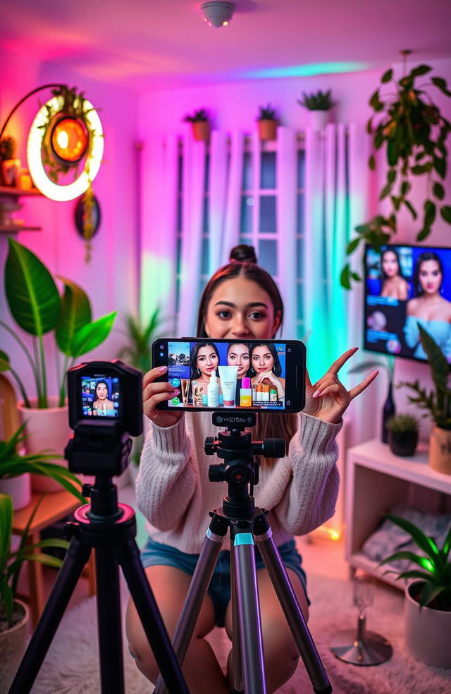 A visually engaging and inspiring TikTok content creation scene for the Beauty & Lifestyle niche featuring a young woman filming herself in a well-lit, aesthetically pleasing room adorned with beauty products, lush plants, and stylish decor