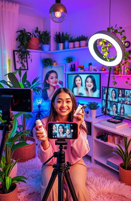 A visually engaging and inspiring TikTok content creation scene for the Beauty & Lifestyle niche featuring a young woman filming herself in a well-lit, aesthetically pleasing room adorned with beauty products, lush plants, and stylish decor