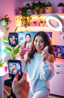 A visually engaging and inspiring TikTok content creation scene for the Beauty & Lifestyle niche featuring a young woman filming herself in a well-lit, aesthetically pleasing room adorned with beauty products, lush plants, and stylish decor