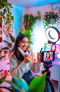 A visually engaging and inspiring TikTok content creation scene for the Beauty & Lifestyle niche featuring a young woman filming herself in a well-lit, aesthetically pleasing room adorned with beauty products, lush plants, and stylish decor