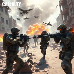 A high-octane scene from a futuristic military battle in a Call of Duty Mobile style game