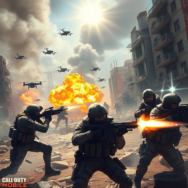 A high-octane scene from a futuristic military battle in a Call of Duty Mobile style game