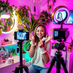 A visually engaging and inspiring TikTok content creation scene for the Beauty & Lifestyle niche featuring a young woman filming herself in a well-lit, aesthetically pleasing room adorned with beauty products, lush plants, and stylish decor