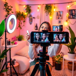 A visually engaging and inspiring TikTok content creation scene for the Beauty & Lifestyle niche featuring a young woman filming herself in a well-lit, aesthetically pleasing room adorned with beauty products, lush plants, and stylish decor