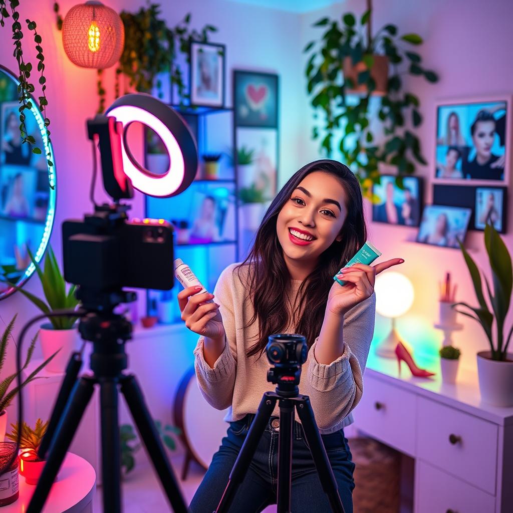 A visually engaging and inspiring TikTok content creation scene for the Beauty & Lifestyle niche featuring a young woman filming herself in a well-lit, aesthetically pleasing room adorned with beauty products, lush plants, and stylish decor