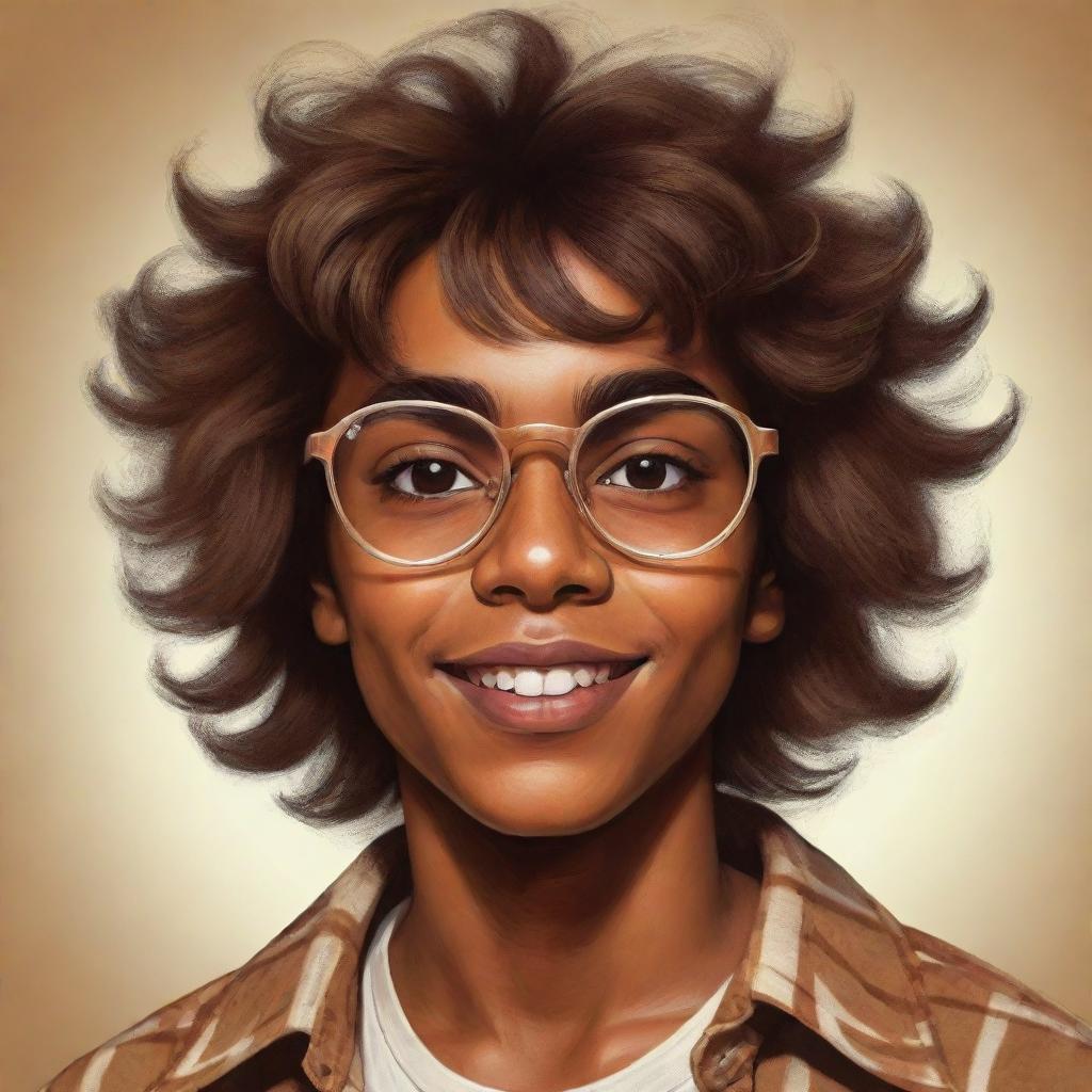 A brown-skinned teen boy from the 70s with messy hair and glasses, illustrated in a stylized retro style. His brown eyes are full of youthful energy and exuberance.