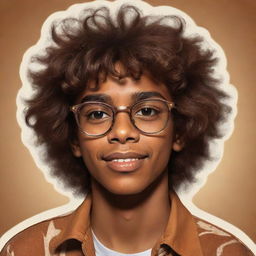 A brown-skinned teen boy from the 70s with messy hair and glasses, illustrated in a stylized retro style. His brown eyes are full of youthful energy and exuberance.