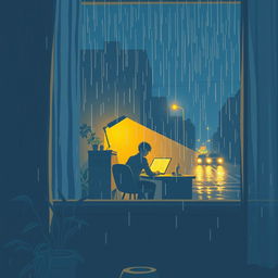 A lofi art cover illustration featuring a serene night scene with gentle rain falling