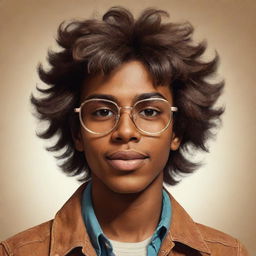 A brown-skinned teen boy from the 70s with messy hair and glasses, illustrated in a stylized retro style. His brown eyes are full of youthful energy and exuberance.