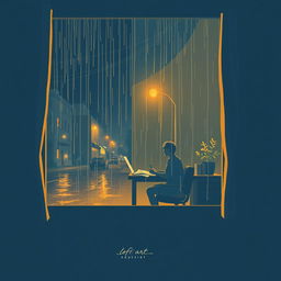 A lofi art cover illustration featuring a serene night scene with gentle rain falling