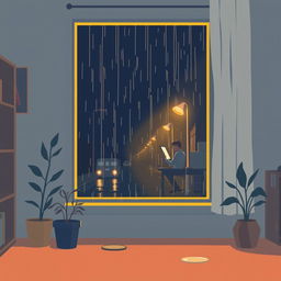 A lofi art cover illustration featuring a serene night scene with gentle rain falling