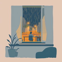 A lofi art cover illustration featuring a serene night scene with gentle rain falling