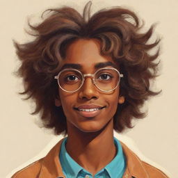 A brown-skinned teen boy from the 70s with messy hair and glasses, illustrated in a stylized retro style. His brown eyes are full of youthful energy and exuberance.