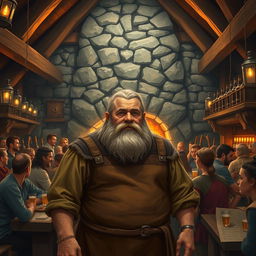 An innkeeper in a bustling fantasy tavern setting, surrounded by wooden beams and stone walls