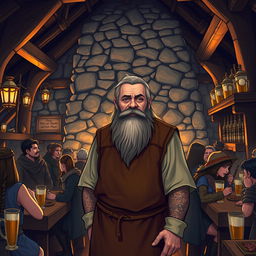 An innkeeper in a bustling fantasy tavern setting, surrounded by wooden beams and stone walls