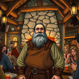 An innkeeper in a bustling fantasy tavern setting, surrounded by wooden beams and stone walls