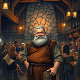 An innkeeper in a bustling fantasy tavern setting, surrounded by wooden beams and stone walls