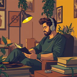 A vibrant youtube thumbnail picture featuring 'lofi men' in a vintage retro style