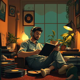 A vibrant youtube thumbnail picture featuring 'lofi men' in a vintage retro style