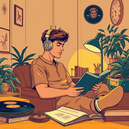 A vibrant youtube thumbnail picture featuring 'lofi men' in a vintage retro style